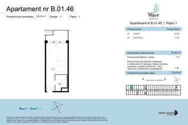 Rzut - Mieszkanie na sprzedaż 1 pokój o powierzchni 32,69 m² - numer B.01.46 w Wave Świnoujście Thermal & Spa