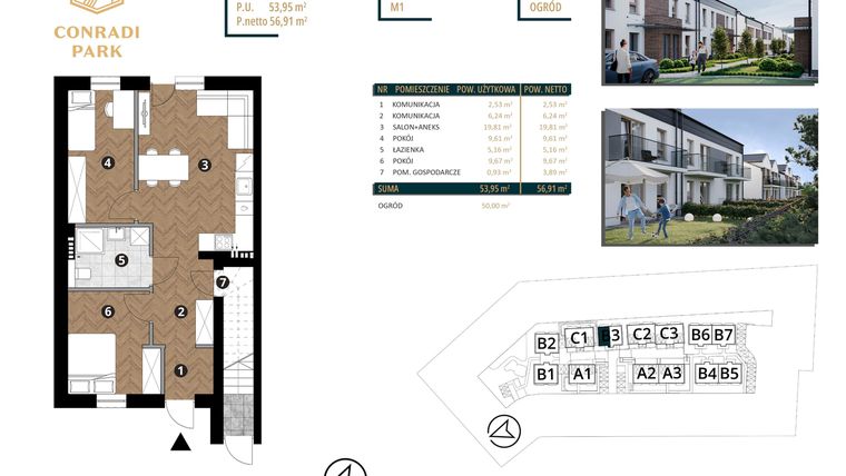 Rzut - Mieszkanie na sprzedaż 3 pokoje o powierzchni 56,83 m² - numer B3.M1 w Conradi Park
