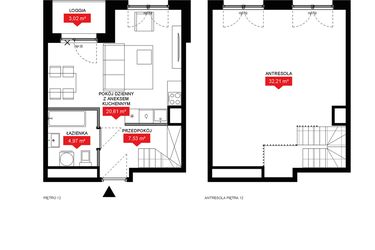 Rzut - Mieszkanie na sprzedaż 1 pokój o powierzchni 65,32 m² - numer A2 371 w 29L