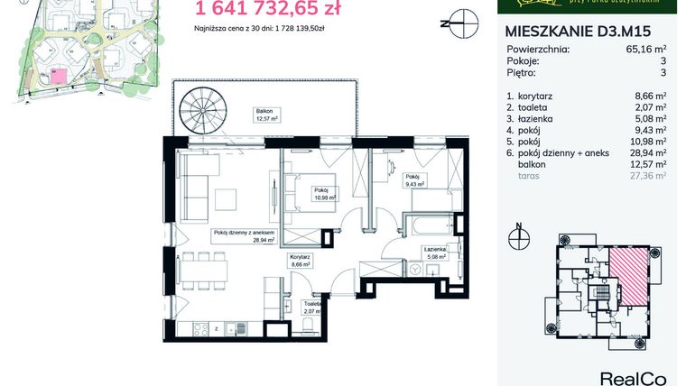 Rzut - Mieszkanie na sprzedaż 3 pokoje o powierzchni 65,16 m² - numer D3.M15 w Apartamenty przy Parku Szczytnickim