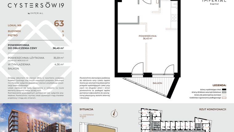 Rzut - Mieszkanie na sprzedaż 1 pokój o powierzchni 36,45 m² - numer 63 w Cystersów 19 - lokale inwestycyjne