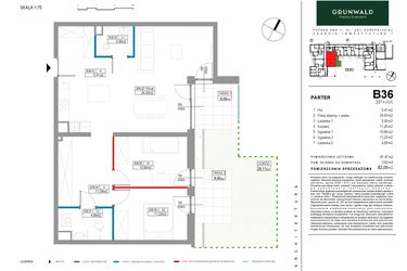 Rzut - Mieszkanie na sprzedaż 3 pokoje o powierzchni 81,47 m² - numer B036 w Grunwald Między Drzewami etap II