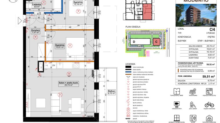 Rzut - Mieszkanie na sprzedaż 3 pokoje o powierzchni 59,51 m² - numer C.4 w Osiedle Moderno