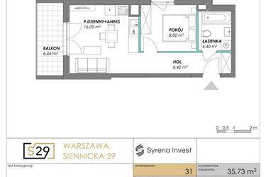 Rzut - Mieszkanie na sprzedaż 2 pokoje o powierzchni 35,73 m² - numer 31 w Siennicka 29