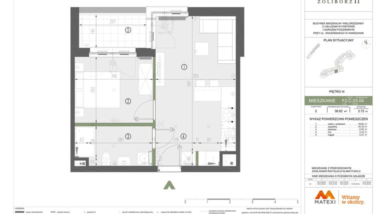 Rzut - Mieszkanie na sprzedaż 2 pokoje o powierzchni 38,82 m² - numer F2.C.03.04 w Sady Żoliborz II