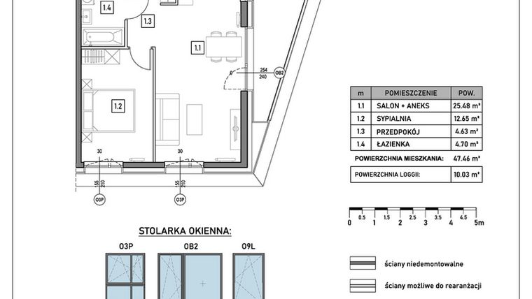 Rzut - Mieszkanie na sprzedaż 2 pokoje o powierzchni 47,46 m² - numer A.4.4 w GreenLine