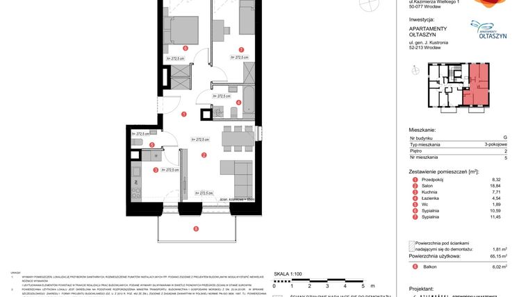 Rzut - Mieszkanie na sprzedaż 3 pokoje o powierzchni 65,15 m² - numer G.5 w Apartamenty Ołtaszyn