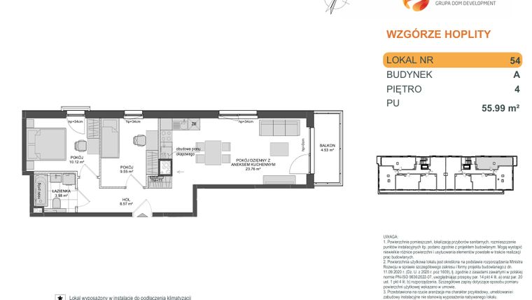 Rzut - Mieszkanie na sprzedaż 3 pokoje o powierzchni 55,99 m² - numer 1_1_A_4_54 w Wzgórze Hoplity