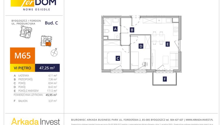 Rzut - Mieszkanie na sprzedaż 3 pokoje o powierzchni 45,98 m² - numer M65_F.c w Osiedle forDOM – etap C