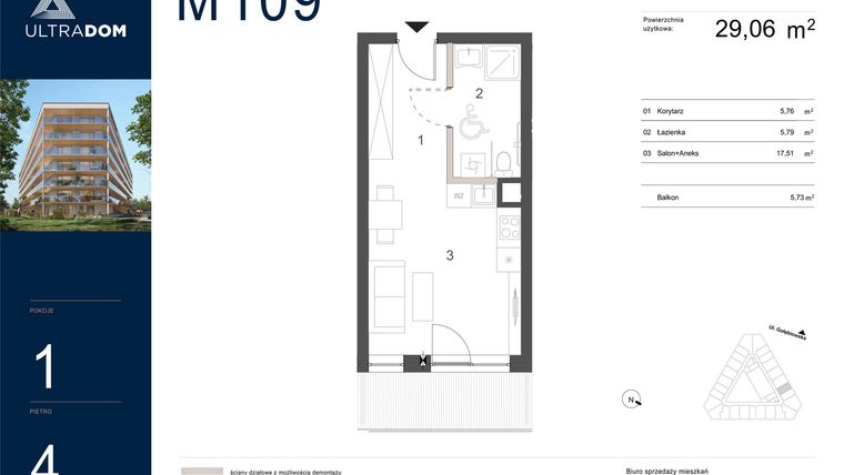 Rzut - Mieszkanie na sprzedaż 1 pokój o powierzchni 29,06 m² - numer M109 w Ultradom