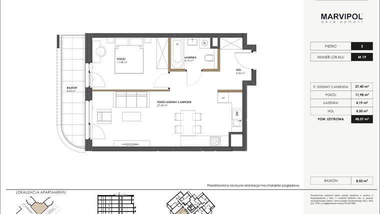 Rzut - Mieszkanie na sprzedaż 2 pokoje o powierzchni 48,07 m² - numer M19 w SENGERA 1