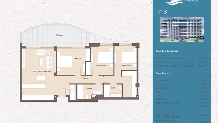 Rzut - Mieszkanie na sprzedaż 3 pokoje o powierzchni 107,65 m² - numer GB-4B w Marina Golden Bay