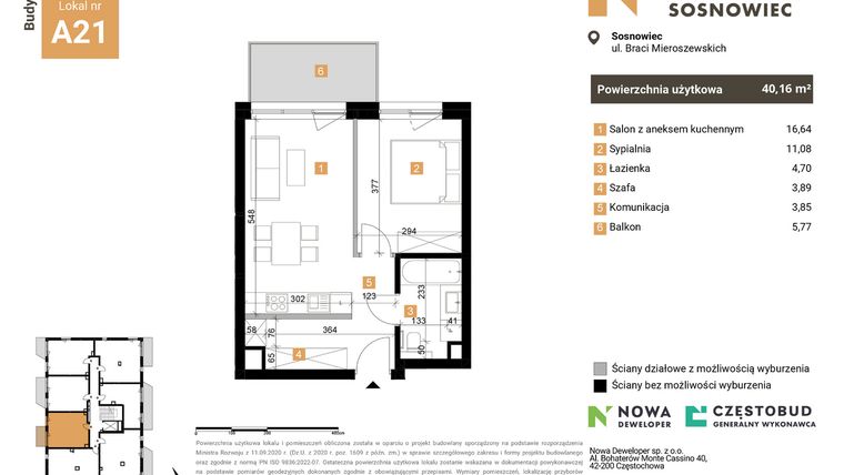 Rzut - Mieszkanie na sprzedaż 2 pokoje o powierzchni 40,16 m² - numer 21 w Nowy Sosnowiec