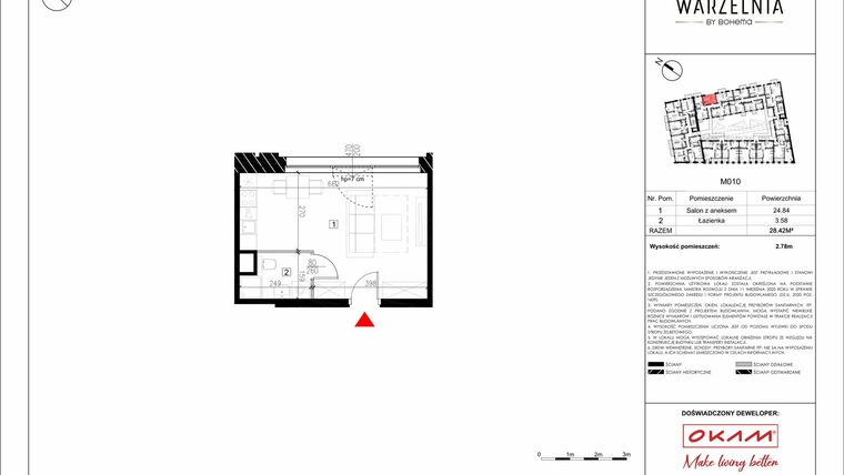Rzut - Mieszkanie na sprzedaż 1 pokój o powierzchni 28,09 m² - numer M010 w Warzelnia by Bohema