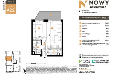 Rzut - Mieszkanie na sprzedaż 2 pokoje o powierzchni 41,26 m² - numer A22 w Nowy Sosnowiec