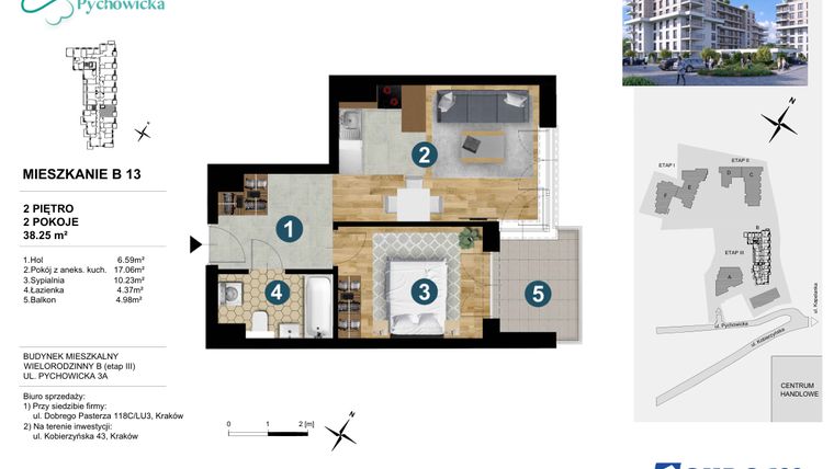 Rzut - Mieszkanie na sprzedaż 2 pokoje o powierzchni 38,25 m² - numer B13 w Kapelanka-Pychowicka Etap III
