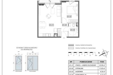 Rzut - Mieszkanie na sprzedaż 2 pokoje o powierzchni 43,88 m² - numer 9.A.03 w Nowe Południe bud. 9