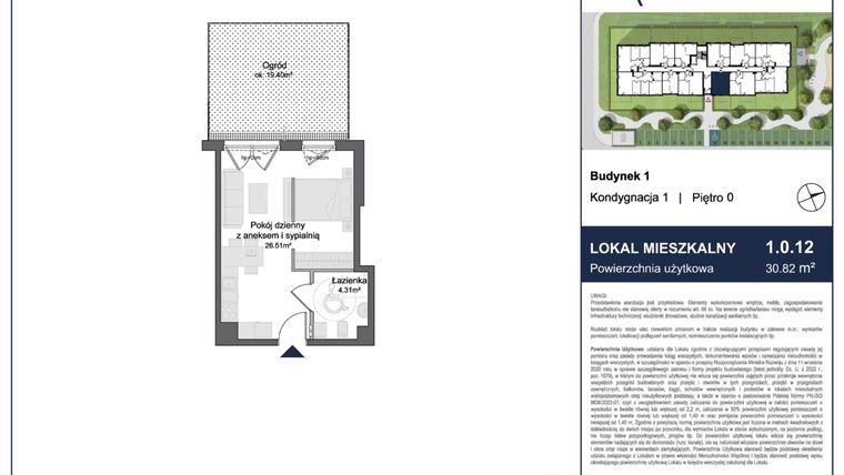 Rzut - Mieszkanie na sprzedaż 1 pokój o powierzchni 30,82 m² - numer 1.0.12 w Rytelska