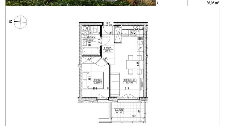 Rzut - Mieszkanie na sprzedaż 2 pokoje o powierzchni 36,05 m² - numer A3.01.22 w AURA