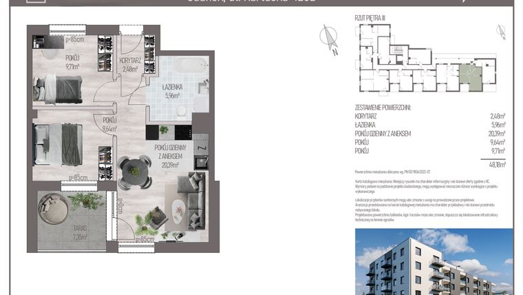 Rzut - Mieszkanie na sprzedaż 3 pokoje o powierzchni 48,18 m² - numer M.C.38 w Cichy Zakątek