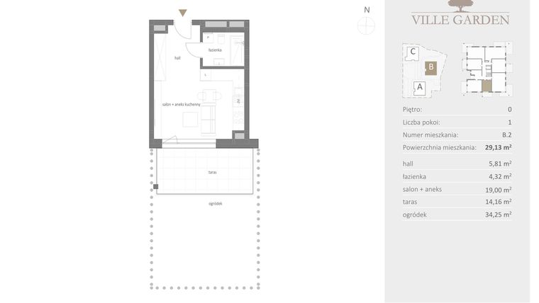 Rzut - Mieszkanie na sprzedaż 1 pokój o powierzchni 29,13 m² - numer B.02 w Ville Garden