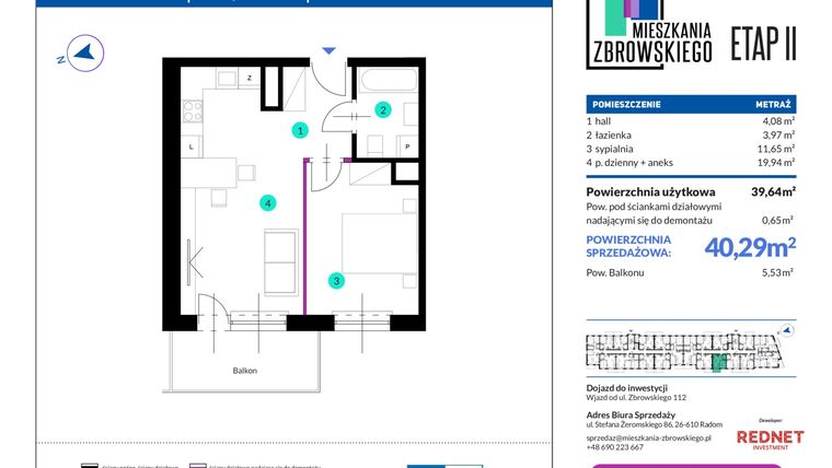 Rzut - Mieszkanie na sprzedaż 2 pokoje o powierzchni 40,29 m² - numer 46 w Mieszkania Zbrowskiego - etap II