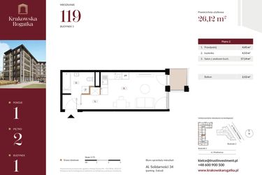 Rzut - Mieszkanie na sprzedaż 1 pokój o powierzchni 26,12 m² - numer 1.M119 w Krakowska Rogatka