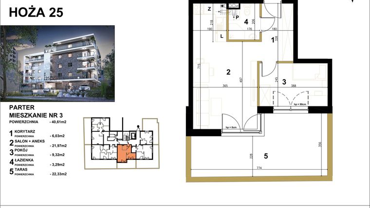 Rzut - Mieszkanie na sprzedaż 2 pokoje o powierzchni 40,61 m² - numer 3 w Hoża 25