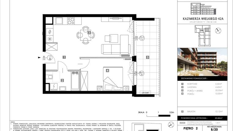 Rzut - Mieszkanie na sprzedaż 2 pokoje o powierzchni 43,84 m² - numer B20 w Kazimierza Wielkiego 42A etap II