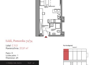 Rzut - Mieszkanie na sprzedaż 1 pokój o powierzchni 27,57 m² - numer C 0.3 w Melody Loft