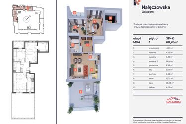 Rzut - Mieszkanie na sprzedaż 3 pokoje o powierzchni 68,78 m² - numer M-94 w Nałęczowska