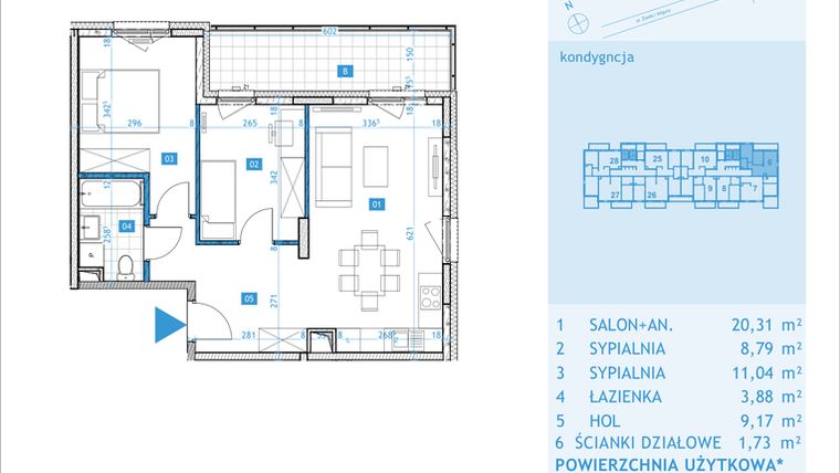 Rzut - Mieszkanie na sprzedaż 3 pokoje o powierzchni 54,92 m² - numer E6 w Osiedle Botaników etap E