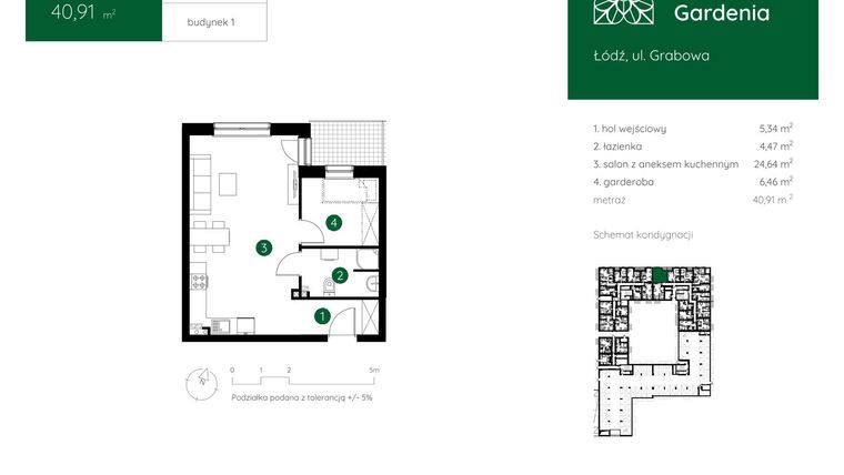Rzut - Mieszkanie na sprzedaż 1 pokój o powierzchni 40,91 m² - numer 1.C.0.02 w Murapol Gardenia