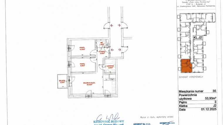 Rzut - Mieszkanie na sprzedaż 3 pokoje o powierzchni 53,86 m² - numer J2-35 w Park Leśny Rembertów etap VIII