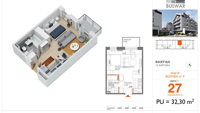 Rzut - Mieszkanie na sprzedaż 1 pokój o powierzchni 32,3 m² - numer 27 w Osiedle Bulwar bud. 4