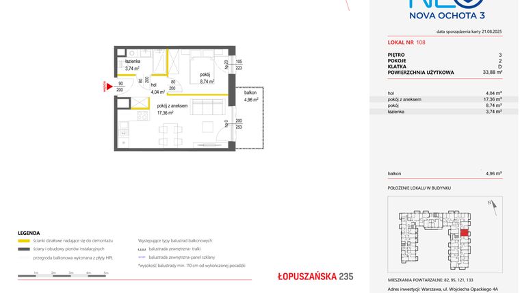 Rzut - Mieszkanie na sprzedaż 2 pokoje o powierzchni 33,88 m² - numer 108 w Neo Nova Ochota 3