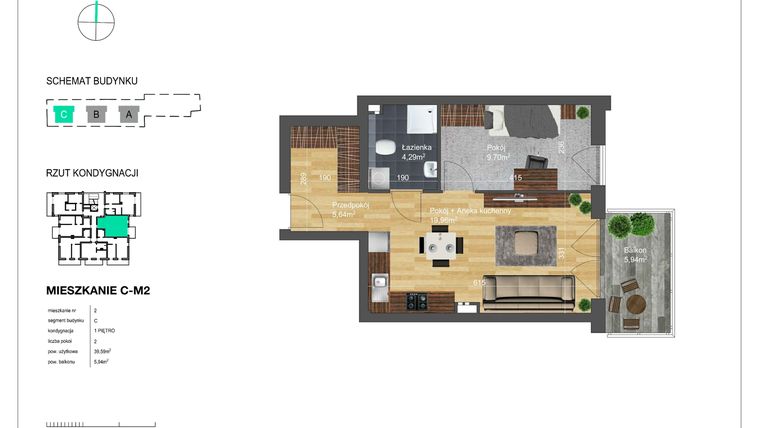 Rzut - Mieszkanie na sprzedaż 2 pokoje o powierzchni 39,59 m² - numer C-M2 w Bunscha Park 4.0