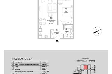 Rzut - Mieszkanie na sprzedaż 2 pokoje o powierzchni 44,1 m² - numer 7.2.4 w Osiedle Przyjemne IV
