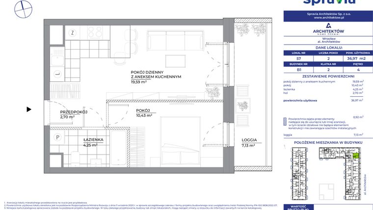 Rzut - Mieszkanie na sprzedaż 2 pokoje o powierzchni 36,97 m² - numer B1_57 w Architektów