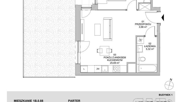Rzut - Mieszkanie na sprzedaż 2 pokoje o powierzchni 46,85 m² - numer 1B.0.88 w Francuska Park VIIIB