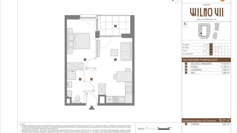 Rzut - Mieszkanie na sprzedaż 2 pokoje o powierzchni 36,21 m² - numer C.79 w Osiedle Wilno VII etap 3