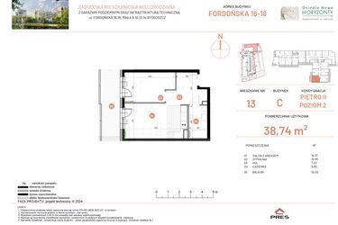 Rzut - Mieszkanie na sprzedaż 2 pokoje o powierzchni 38,74 m² - numer 18.13 w Osiedle Nowe Horyzonty etap II