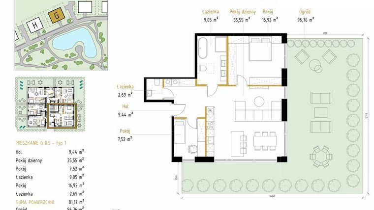 Rzut - Mieszkanie na sprzedaż 3 pokoje o powierzchni 81,17 m² - numer 0.5/G w Panorama Park