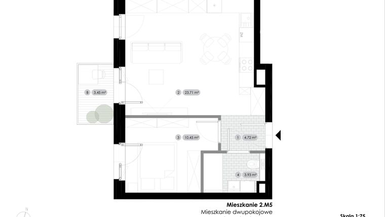 Rzut - Mieszkanie na sprzedaż 2 pokoje o powierzchni 42,81 m² - numer 2.M5 w Stalowa 76