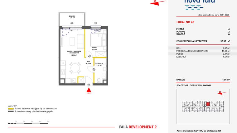 Rzut - Mieszkanie na sprzedaż 2 pokoje o powierzchni 38,07 m² - numer 48 w Miasteczko Nova Fala