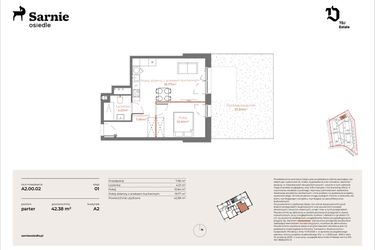Rzut - Mieszkanie na sprzedaż 2 pokoje o powierzchni 42,38 m² - numer A2-00.02 w Sarnie Osiedle
