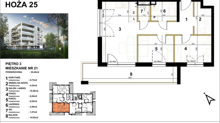 Rzut - Mieszkanie na sprzedaż 3 pokoje o powierzchni 55,46 m² - numer 21 w Hoża 25