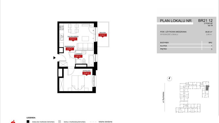 Rzut - Mieszkanie na sprzedaż 2 pokoje o powierzchni 38,51 m² - numer BR21/12 w Browary Wrocławskie 2