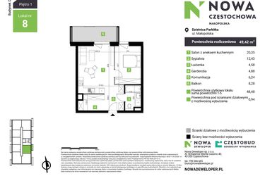 Rzut - Mieszkanie na sprzedaż 2 pokoje o powierzchni 49,42 m² - numer D8 w Nowa Częstochowa Małopolska etap II
