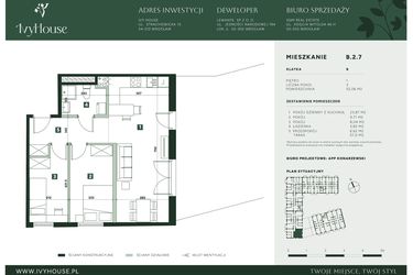 Rzut - Mieszkanie na sprzedaż 3 pokoje o powierzchni 52,06 m² - numer B.2.7 w IVY HOUSE